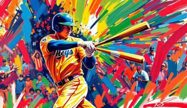 An abstract, energetic painting in neon colors depicting the powerful swing and motion of a baseball player hitting a home run, capturing the raw athleticism and excitement of the game.