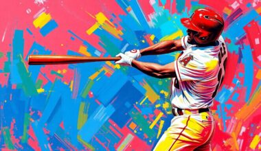A dynamic, neon-colored expressionist painting depicting the powerful swing and explosive energy of Angels outfielder Jorge Soler as he connects for a grand slam, capturing the raw athleticism and momentum of the game-changing hit.