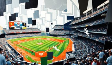 A cubist, geometric painting depicting a fragmented baseball game or match, with sharp planes of black, white, and silver colors representing the Chicago White Sox