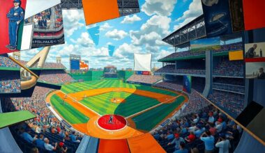 A fragmented, geometric painting depicting a baseball game, with players and the field broken down into overlapping angular shapes and planes of color.