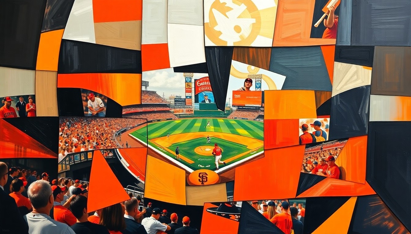 A cubist-style painting featuring overlapping geometric shapes in shades of orange and black, capturing the dynamic energy and movement of a baseball game or match.