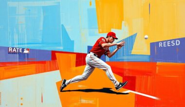 A cubist, geometric painting depicting a Reds outfielder in motion, with sharp, overlapping planes of color representing the fractured nature of the team