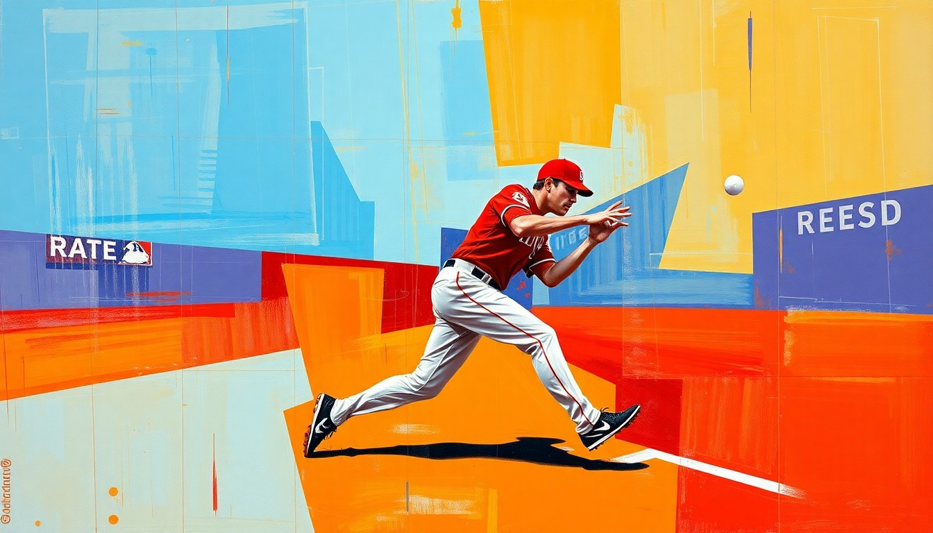 A cubist, geometric painting depicting a Reds outfielder in motion, with sharp, overlapping planes of color representing the fractured nature of the team