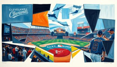 A cubist, geometric painting depicting a baseball game or match, with overlapping planes of color and shape representing the action on the field in an abstract, deconstructed style.