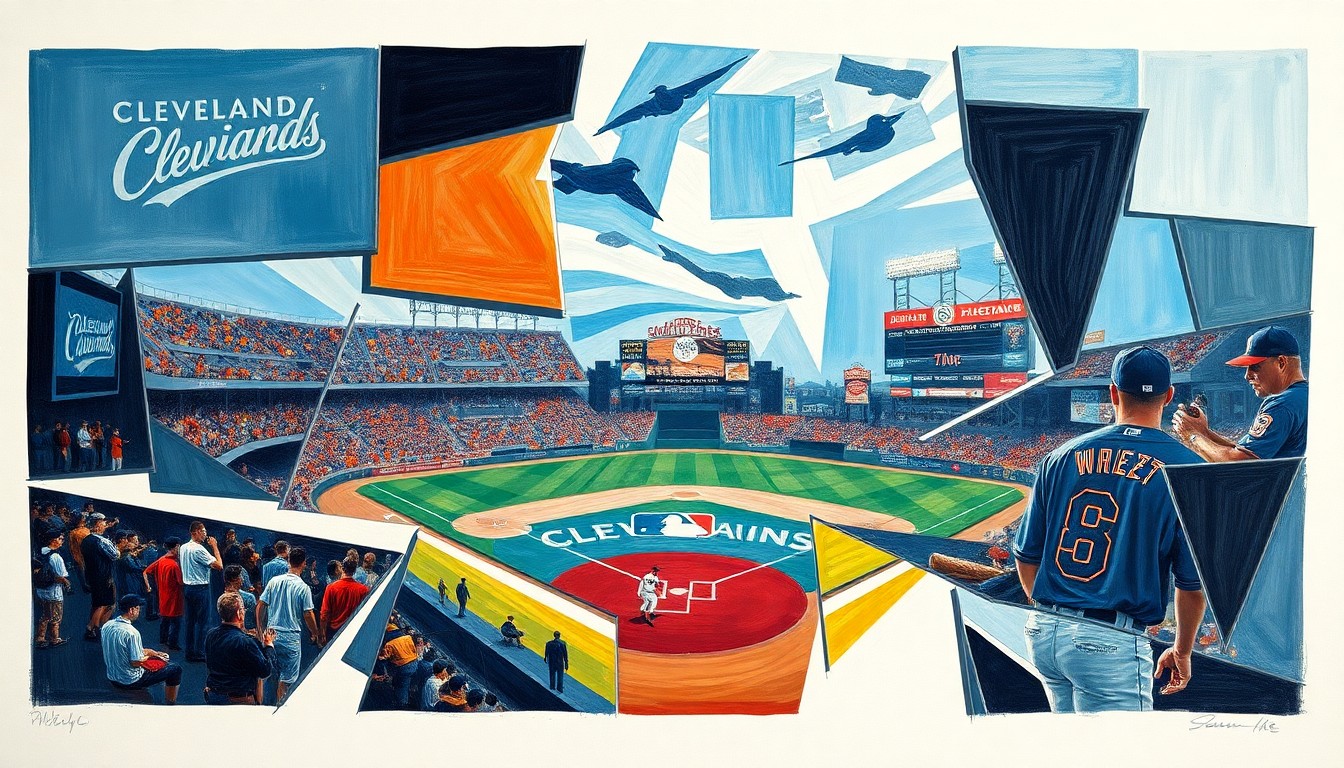 A cubist, geometric painting depicting a baseball game or match, with overlapping planes of color and shape representing the action on the field in an abstract, deconstructed style.
