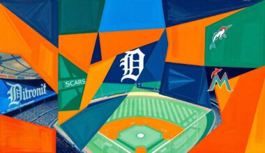 A fragmented, geometric painting depicting the motion and energy of a baseball game, with sharp planes of bright colors representing the players and field.