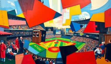 A fragmented, geometric painting in bold primary colors, depicting overlapping shapes and planes that suggest the motion and energy of a baseball game or event.