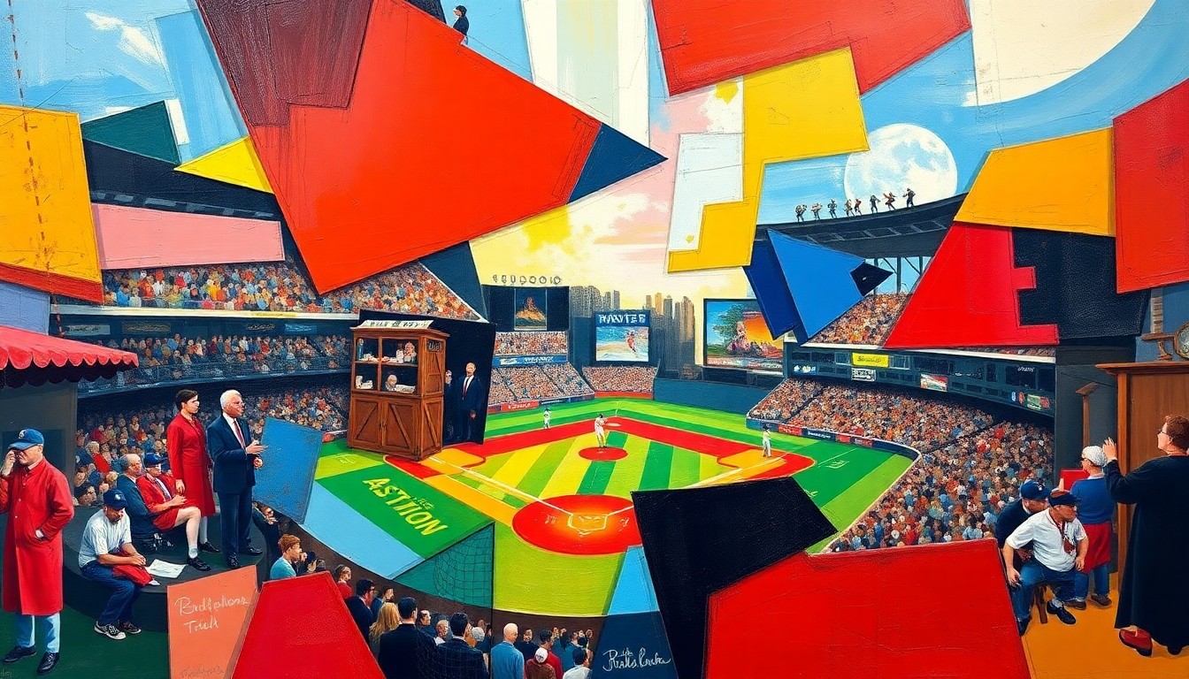 A fragmented, geometric painting in bold primary colors, depicting overlapping shapes and planes that suggest the motion and energy of a baseball game or event.