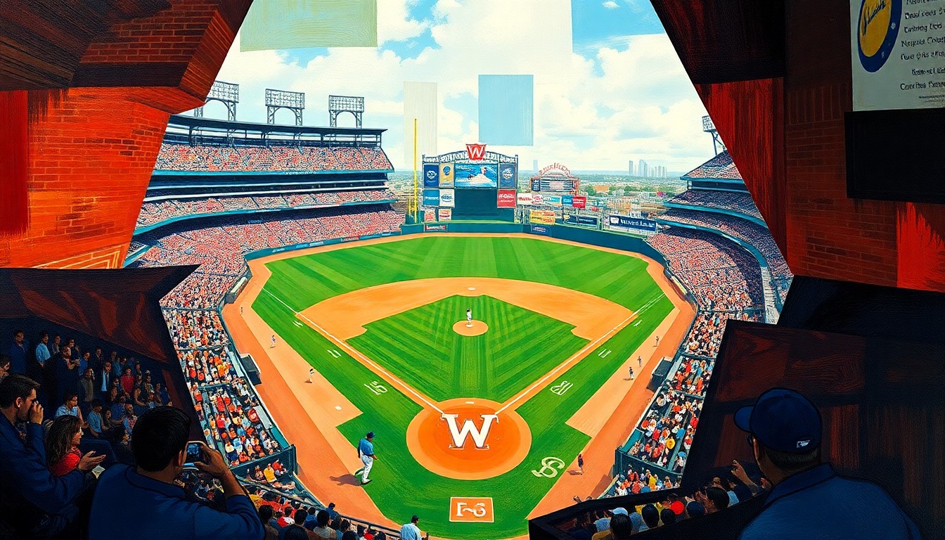 A fragmented, geometric painting depicting the action of a baseball game, with overlapping planes of green, red, and silhouetted players, conveying the intensity and drama of the Pirates