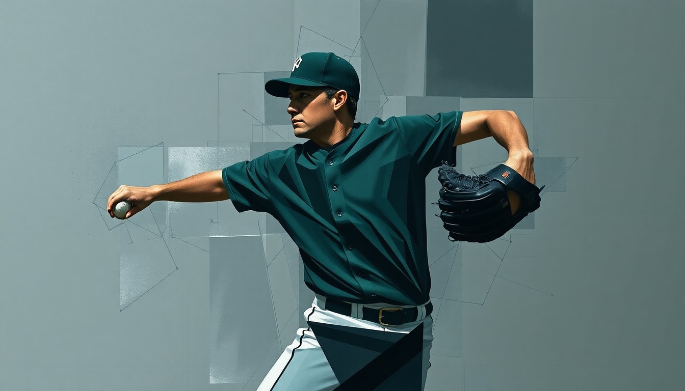 A cubist, geometric painting depicting a baseball pitcher
