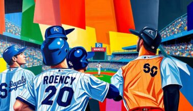 A cubist, geometric painting depicting a baseball game in progress, with overlapping planes of color representing the players, field, and stadium elements.