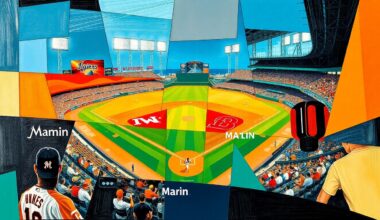 A fragmented, geometric painting depicting a baseball game in progress, with players and the field broken down into sharp, angular shapes and planes of color.