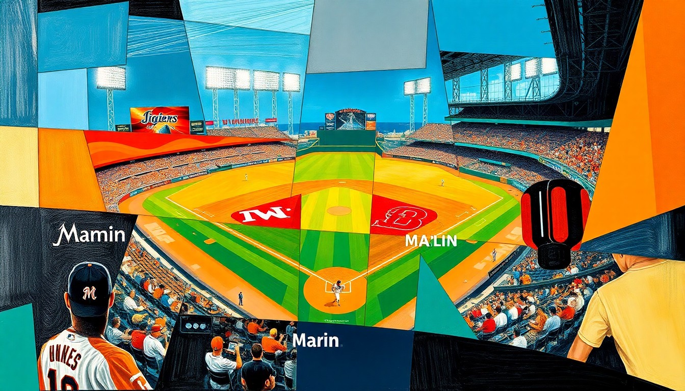 A fragmented, geometric painting depicting a baseball game in progress, with players and the field broken down into sharp, angular shapes and planes of color.