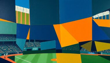 A cubist-style painting featuring overlapping geometric shapes in navy, green, and orange, conceptually representing the back-and-forth action of a close baseball game.