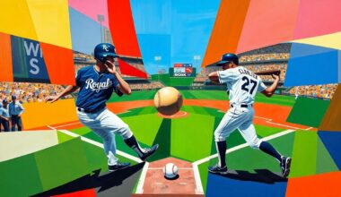 A fractured, geometric painting depicting a baseball game, with players and the ball represented as sharp, overlapping shapes in the colors of the Kansas City Royals and Chicago White Sox uniforms.