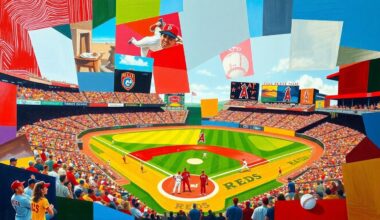 A fragmented, geometric painting depicting a baseball game, with sharp planes of color representing the players, field, and action, in the style of Pablo Picasso.