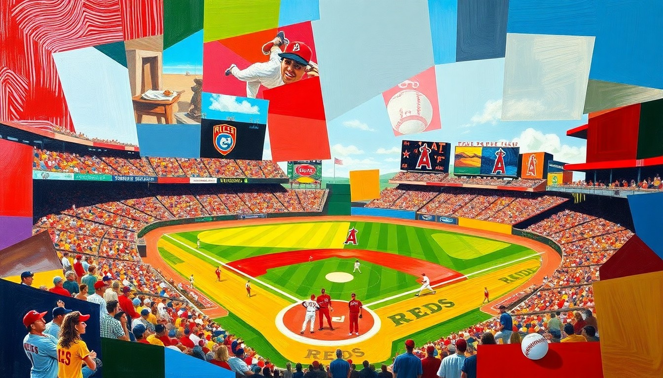 A fragmented, geometric painting depicting a baseball game, with sharp planes of color representing the players, field, and action, in the style of Pablo Picasso.