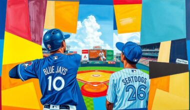 A fragmented, geometric painting in bright blues, reds, and greens, depicting the dynamic action of a minor league baseball game through Picasso-esque abstraction.