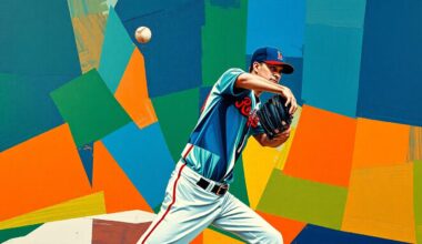 A cubist, geometric painting depicting a baseball pitcher