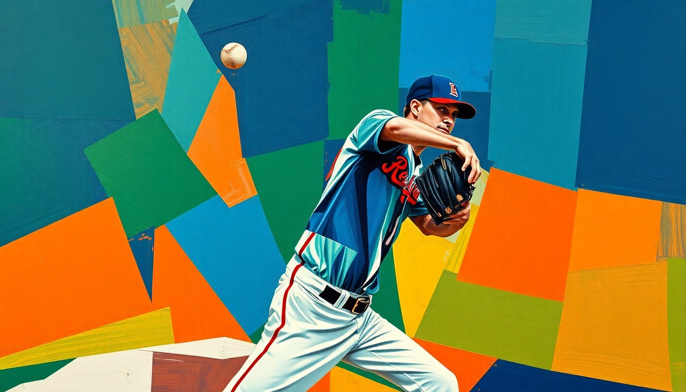 A cubist, geometric painting depicting a baseball pitcher