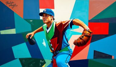 A fractured, multi-perspective painting featuring sharp, overlapping geometric planes in navy blue, forest green, and crimson red, conceptually representing the explosive motion and raw power of a baseball pitcher