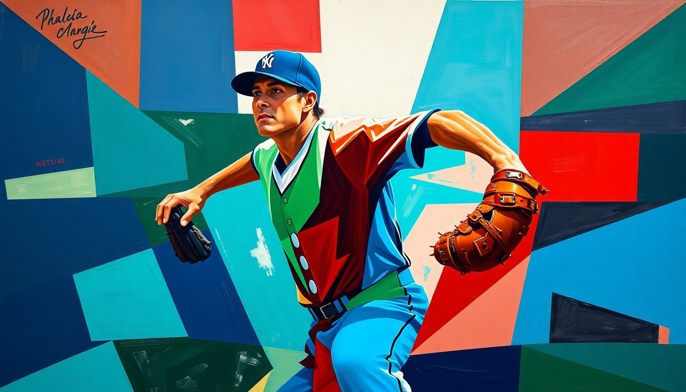 A fractured, multi-perspective painting featuring sharp, overlapping geometric planes in navy blue, forest green, and crimson red, conceptually representing the explosive motion and raw power of a baseball pitcher