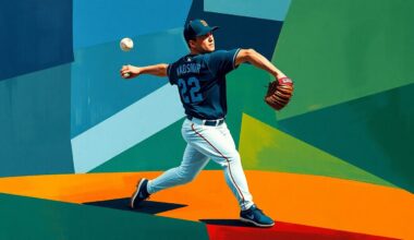 A fragmented, multi-angled painting depicting a baseball pitcher