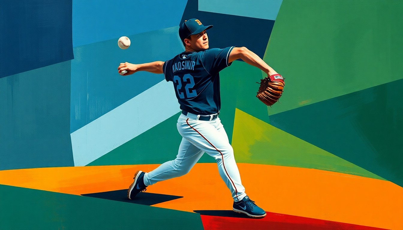 A fragmented, multi-angled painting depicting a baseball pitcher