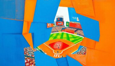 A cubist, geometric painting depicting a baseball game, with sharp, overlapping planes of bright blue, orange, and red representing the dynamic action and strategic tension of the contest.