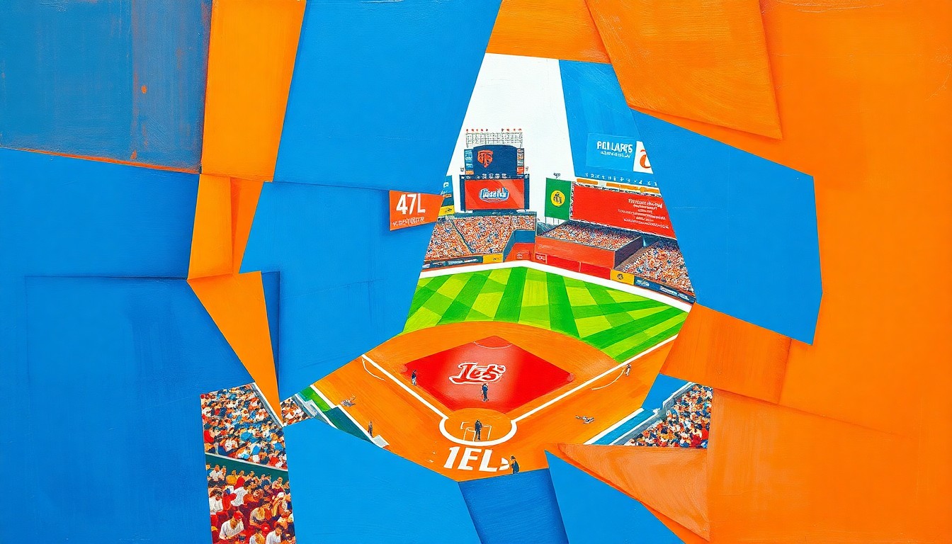 A cubist, geometric painting depicting a baseball game, with sharp, overlapping planes of bright blue, orange, and red representing the dynamic action and strategic tension of the contest.