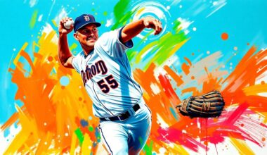 An abstract, expressionist painting in neon colors depicting the powerful pitching motion and athletic energy of a baseball player, representing the legacy of Detroit Tigers legend Mickey Lolich.