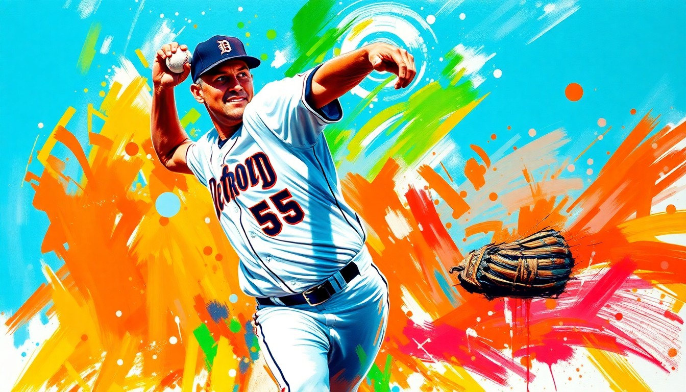 An abstract, expressionist painting in neon colors depicting the powerful pitching motion and athletic energy of a baseball player, representing the legacy of Detroit Tigers legend Mickey Lolich.