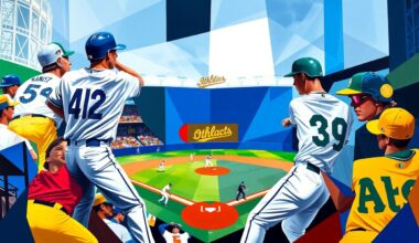 A cubist-style painting depicting a baseball game between the Toronto Blue Jays and Oakland Athletics, with the players