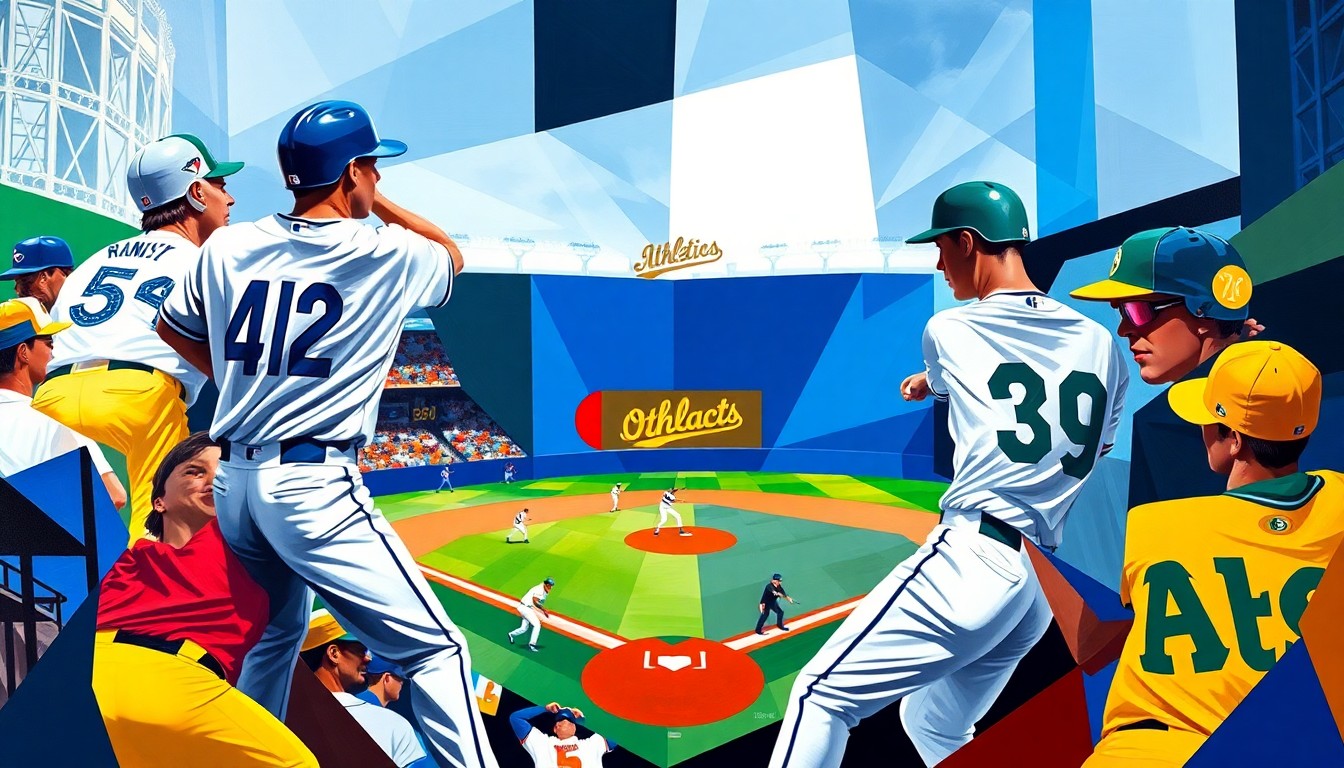 A cubist-style painting depicting a baseball game between the Toronto Blue Jays and Oakland Athletics, with the players