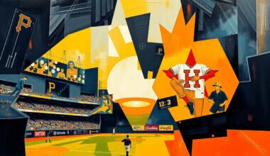 A fractured, geometric painting in vibrant colors representing the Pittsburgh Pirates and Houston Astros, capturing the dynamic interplay of a potential trade between the two teams.