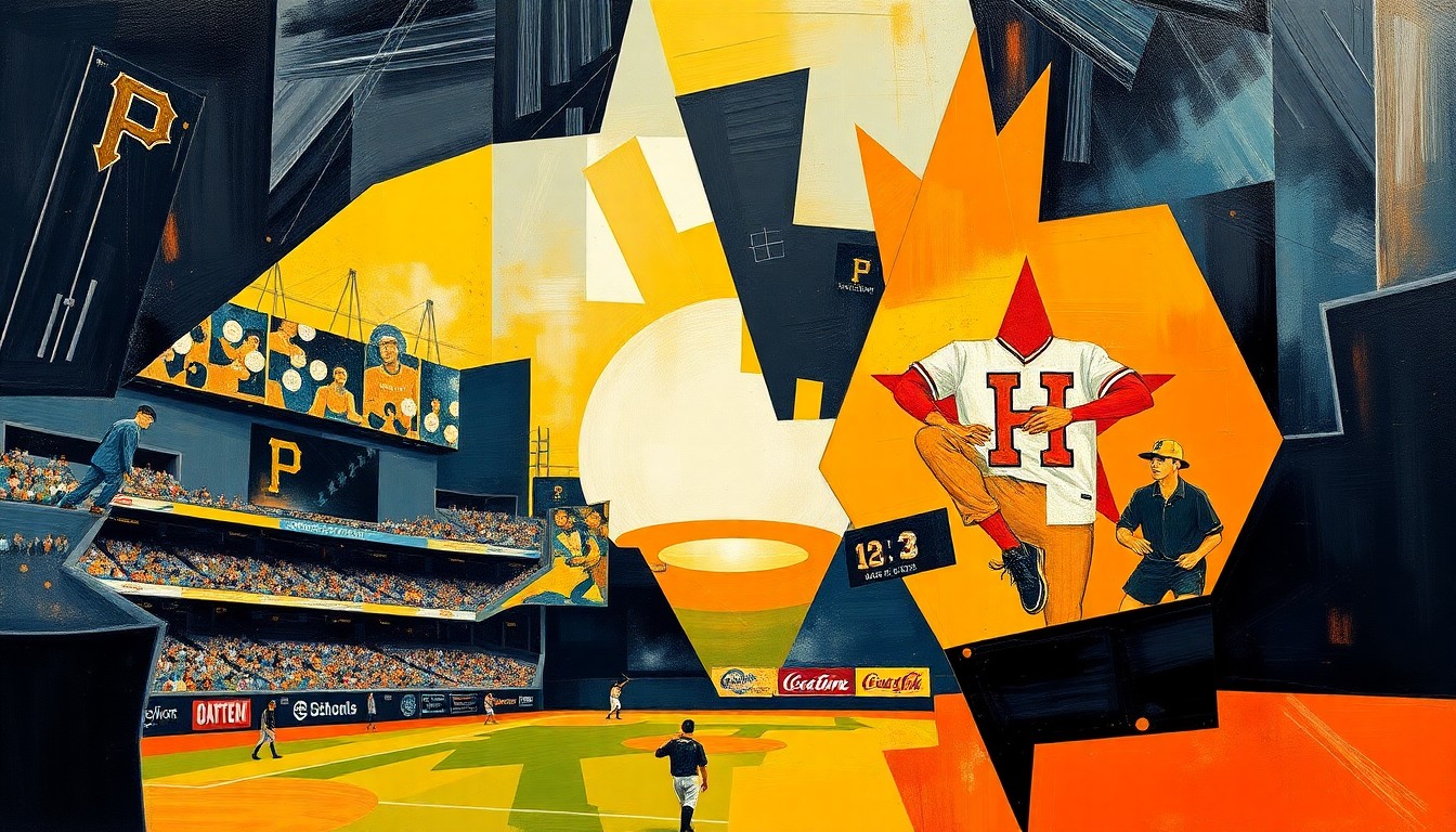 A fractured, geometric painting in vibrant colors representing the Pittsburgh Pirates and Houston Astros, capturing the dynamic interplay of a potential trade between the two teams.