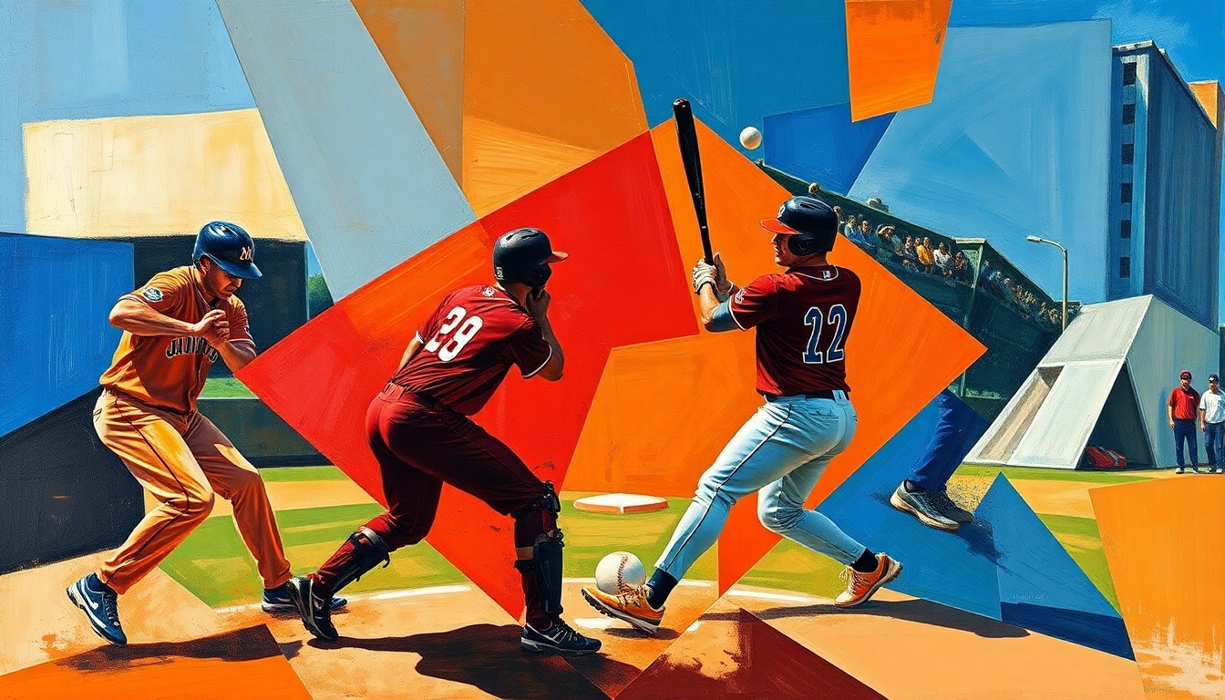 A fractured, multi-perspective painting depicting a baseball game or match, with the players