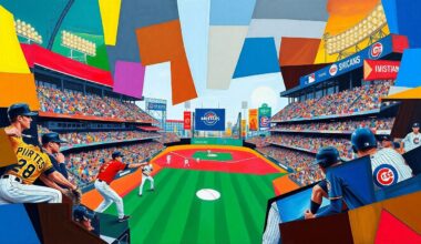 A fragmented, geometric painting depicting a baseball game, with the players and field broken down into sharp, overlapping planes of color representing the Pittsburgh Pirates and Chicago Cubs uniforms.