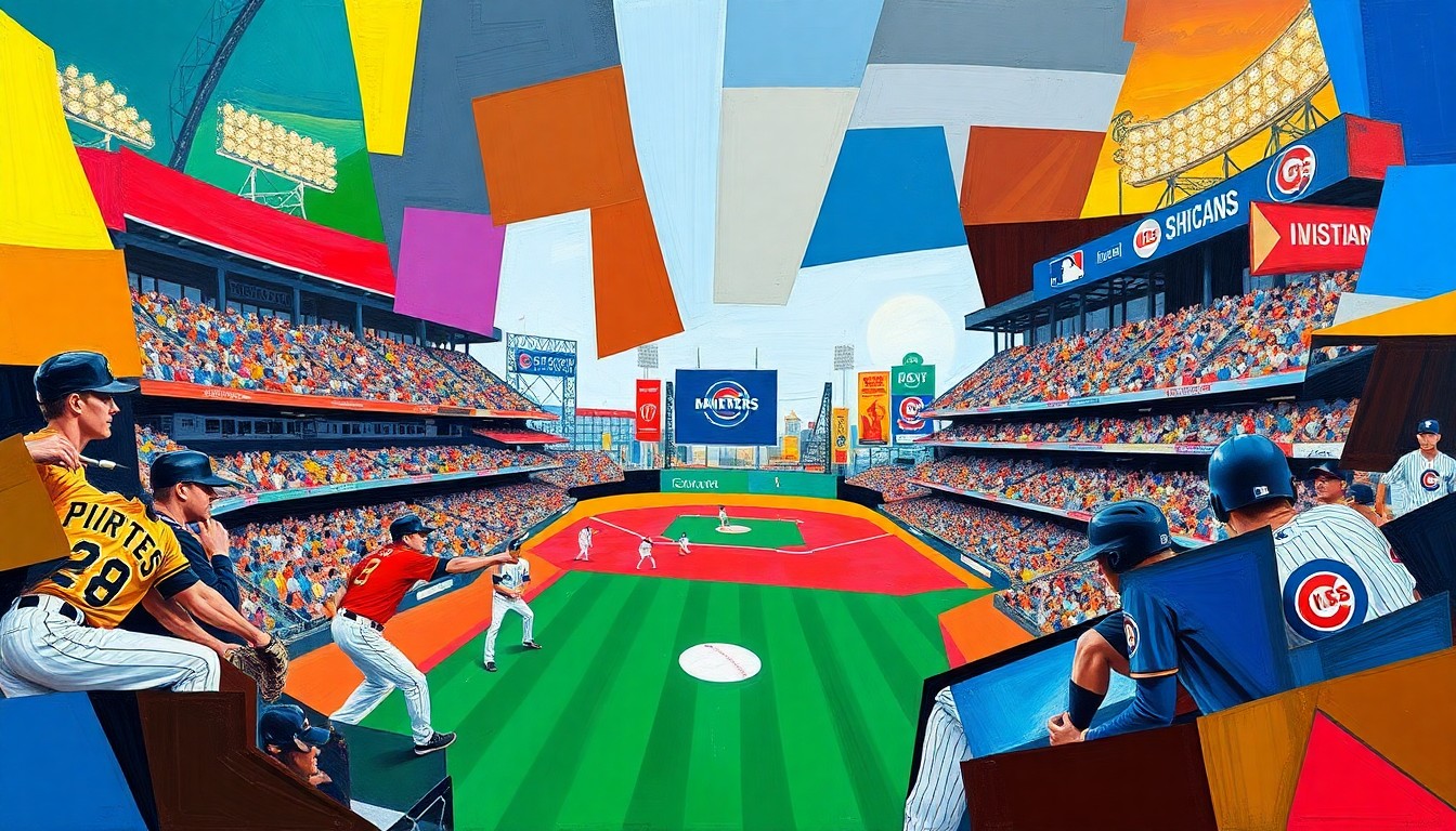 A fragmented, geometric painting depicting a baseball game, with the players and field broken down into sharp, overlapping planes of color representing the Pittsburgh Pirates and Chicago Cubs uniforms.