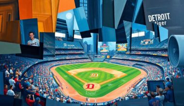 A cubist, geometric painting depicting a fragmented, multi-perspective view of a Detroit Tigers baseball game, with sharp, overlapping planes of color and form representing the dynamic nature of sports broadcasting.