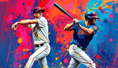 An abstract, expressionist painting featuring bold, neon-colored brushstrokes capturing the dynamic motion and energy of a baseball pitcher delivering a pitch and a batter swinging, with the players
