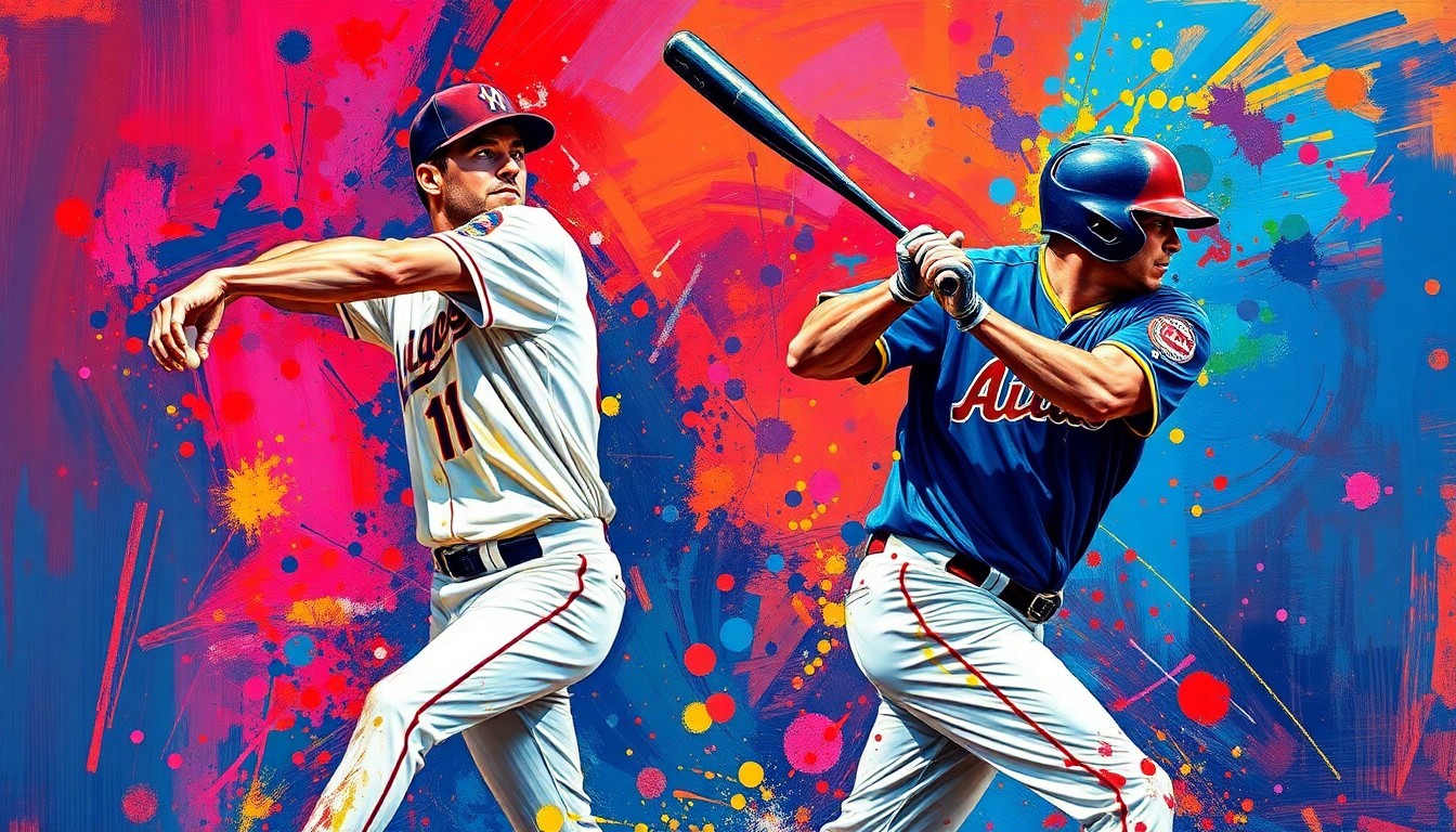 An abstract, expressionist painting featuring bold, neon-colored brushstrokes capturing the dynamic motion and energy of a baseball pitcher delivering a pitch and a batter swinging, with the players