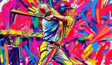 A dynamic, neon-colored painting depicting the powerful swing and explosive energy of a baseball player hitting a home run, capturing the raw athleticism and potential of a rising prospect.