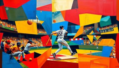 A fragmented, geometric painting depicting a baseball player
