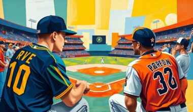 A cubist, geometric painting depicting a baseball game, with sharp, overlapping planes of color representing the players and action on the field.