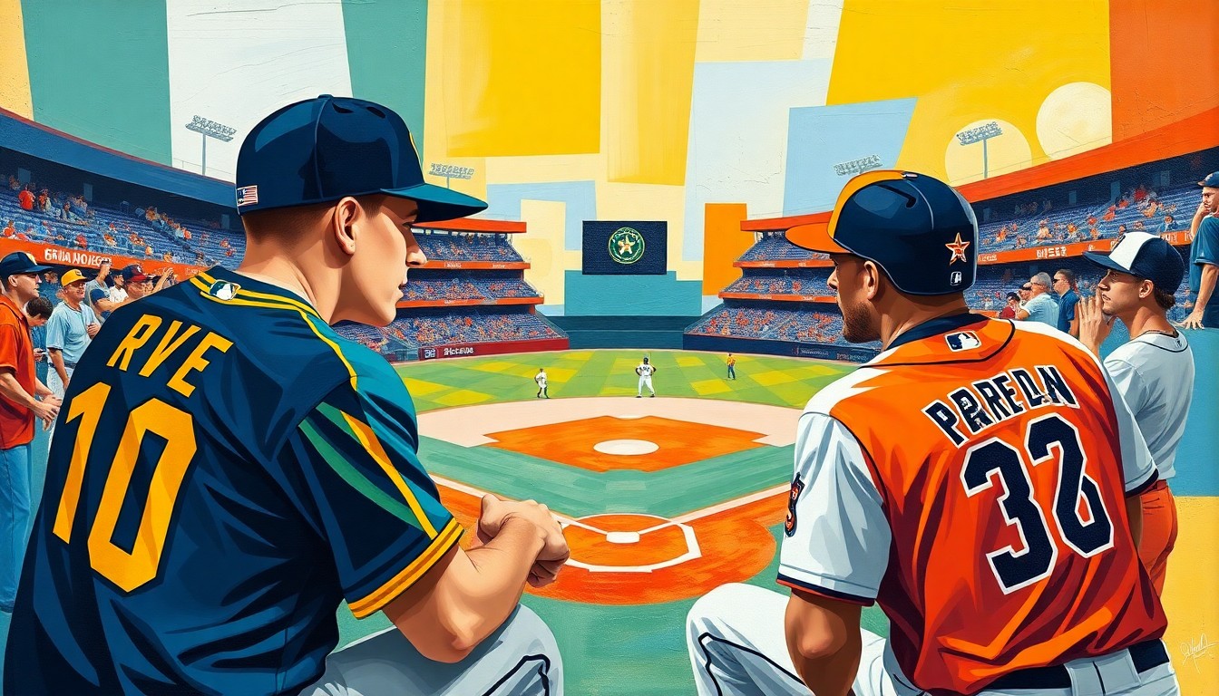 A cubist, geometric painting depicting a baseball game, with sharp, overlapping planes of color representing the players and action on the field.