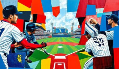A cubist, geometric painting depicting a baseball game, with the players and field broken down into overlapping planes of vibrant blue, red, black, and silver colors.