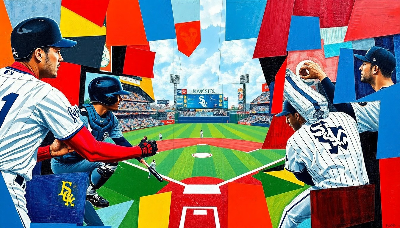 A cubist, geometric painting depicting a baseball game, with the players and field broken down into overlapping planes of vibrant blue, red, black, and silver colors.