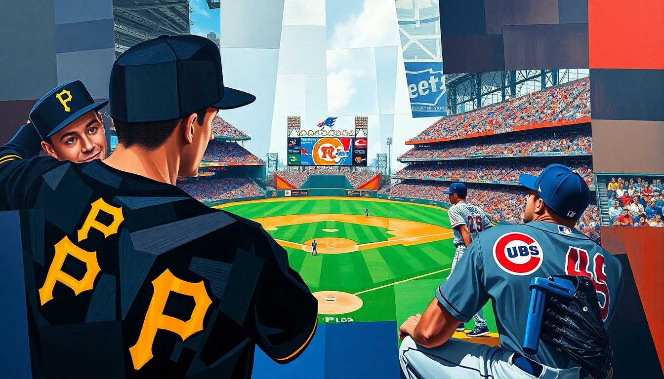A cubist, geometric painting depicting a baseball game in motion, with the players and field fragmented into sharp, overlapping shapes and planes in the Pirates