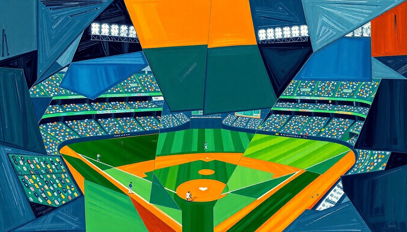 A cubist-style painting depicting a baseball game in fragmented geometric shapes and planes of navy, green, and orange, conveying the dynamic energy and shifting momentum of the Padres